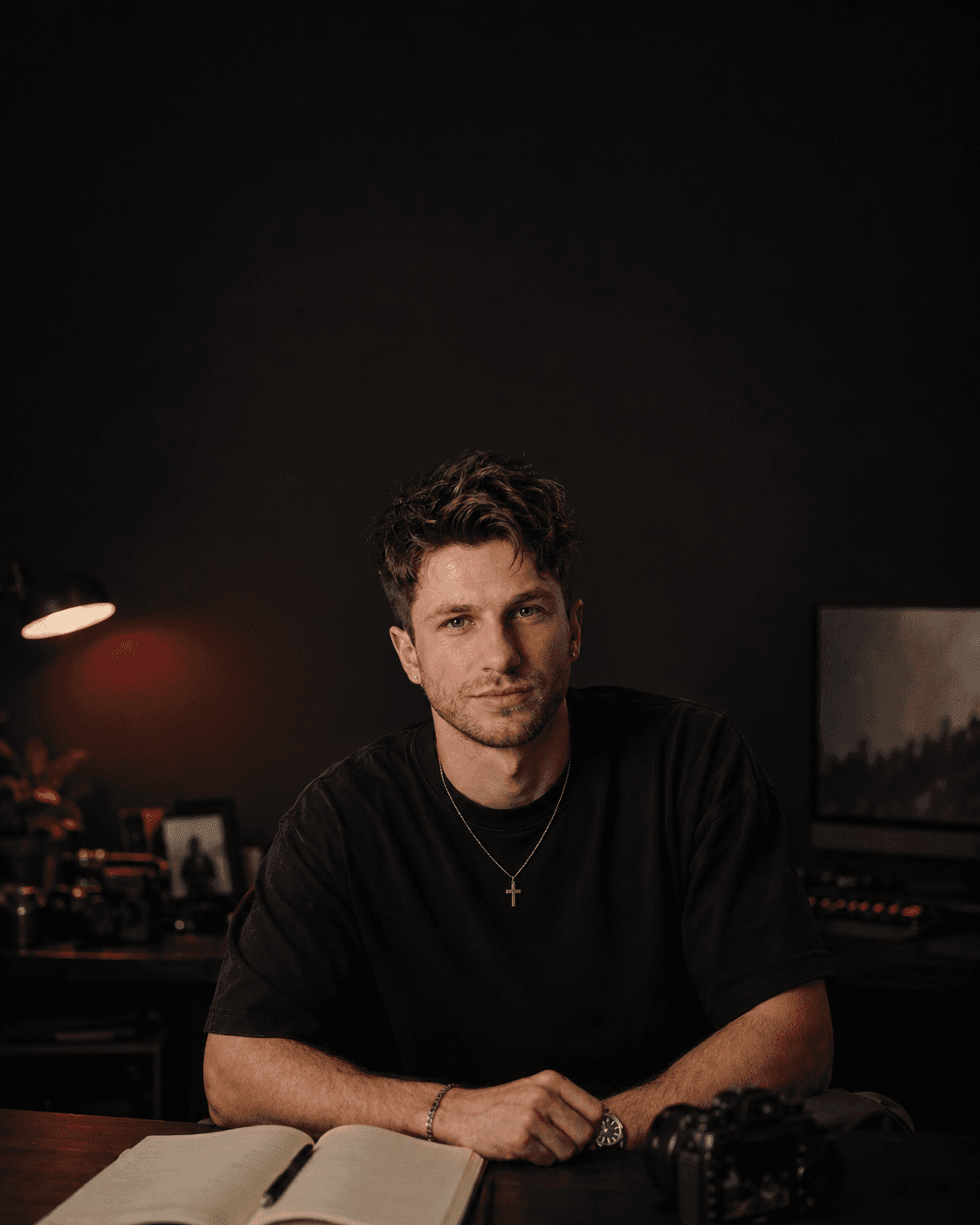 Ged Armstrong seated at a desk in a dark studio, lit by a single lamp.